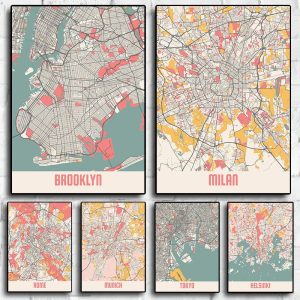 Minimalist Abstract City Map – Tokyo, Rome, Munich Nordic Poster Canvas Wall Art for Home & Office Décor