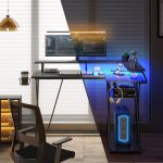 L-Shaped Gaming Desk with LED Lights & Power Outlets – 47” Reversible Corner Desk with Storage Shelf & Monitor Stand